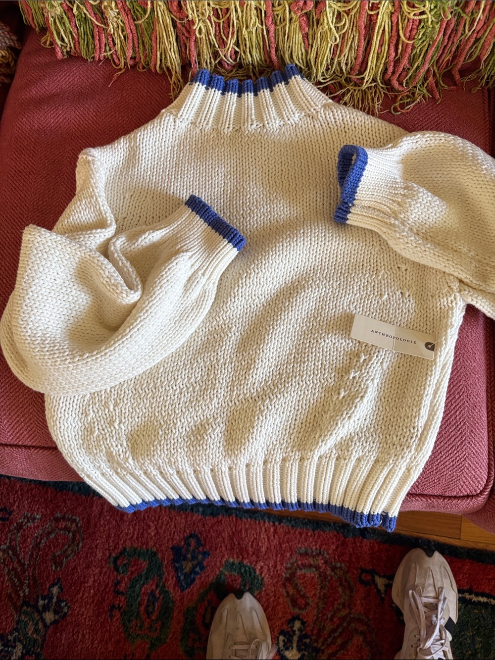 Anthropologie Maeve Cream Sweater with Blue Trim